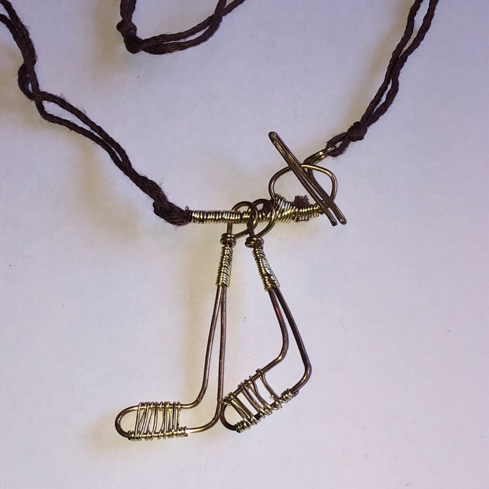 Wire Hockey Stick Brown Cord Boho Necklace